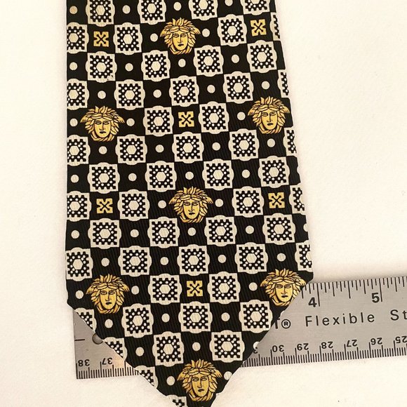 GIANNI VERSACE - Black,White, Gold squares silk tie - Picture 2 of 4